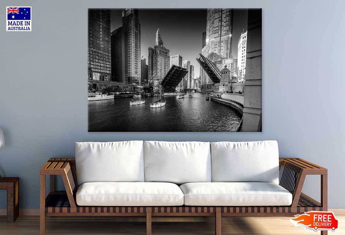 Chicago Riverwalk & City B&W View Photograph Print 100% Australian Made