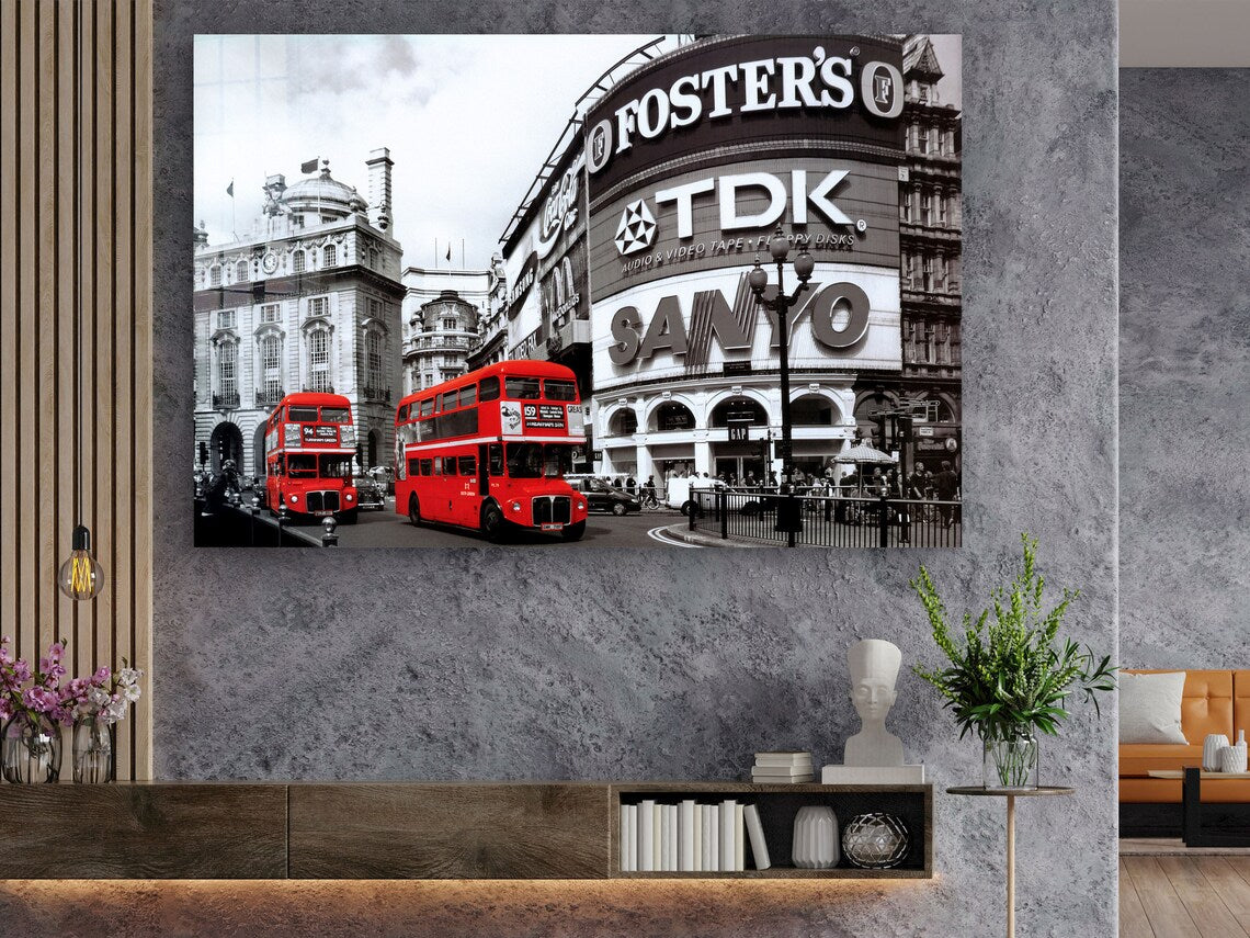 B&W City & Red Buses Print Tempered Glass Wall Art 100% Made in Australia Ready to Hang