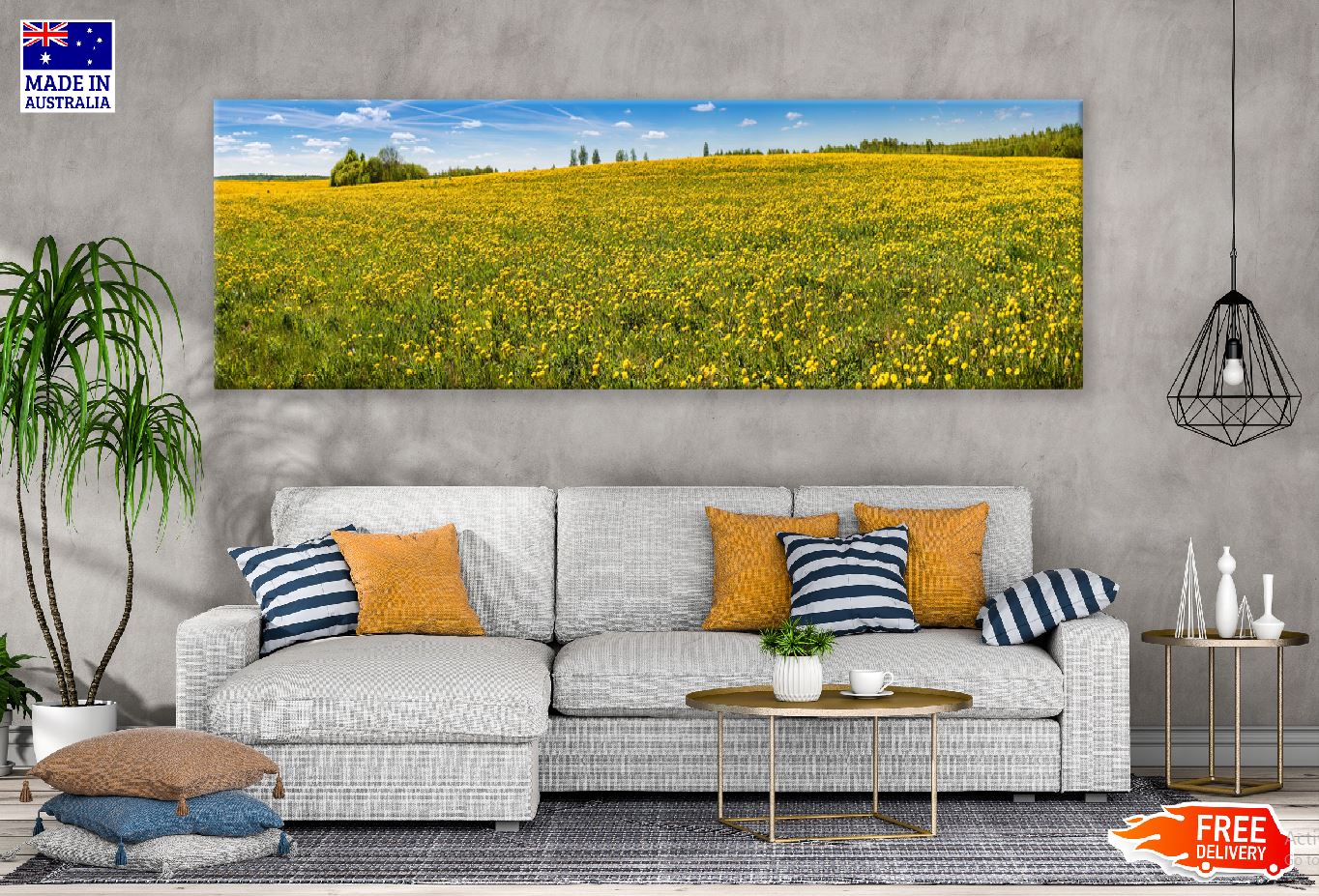 Panoramic Canvas Yellow Flower Field View Photograph High Quality 100% Australian Made Wall Canvas Print Ready to Hang