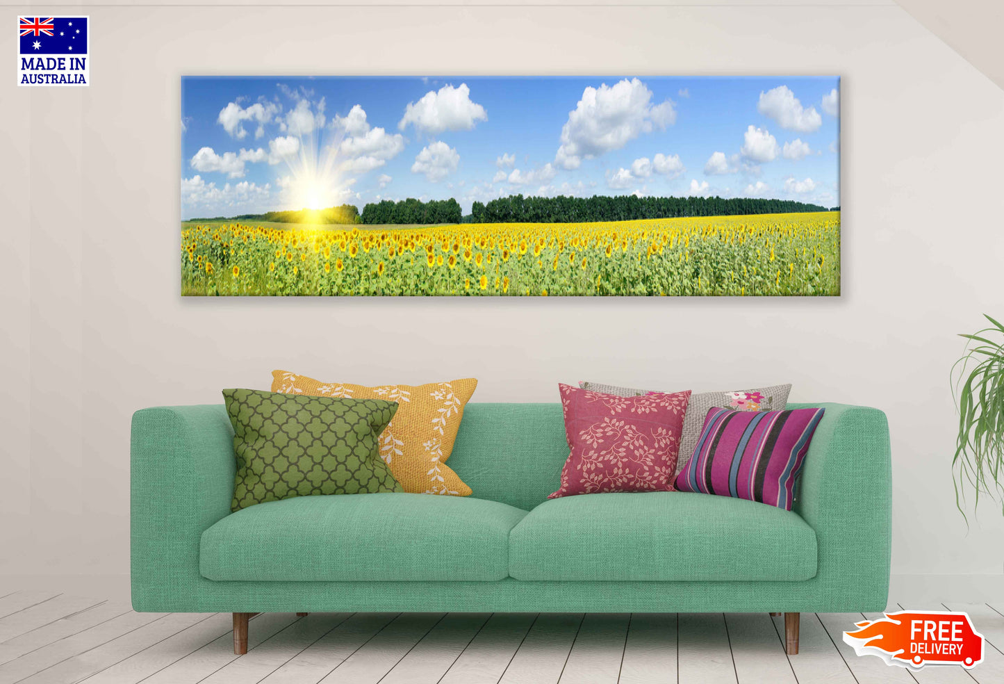 Panoramic Canvas Sunflower Field Sunlight View Photograph High Quality 100% Australian Made Wall Canvas Print Ready to Hang