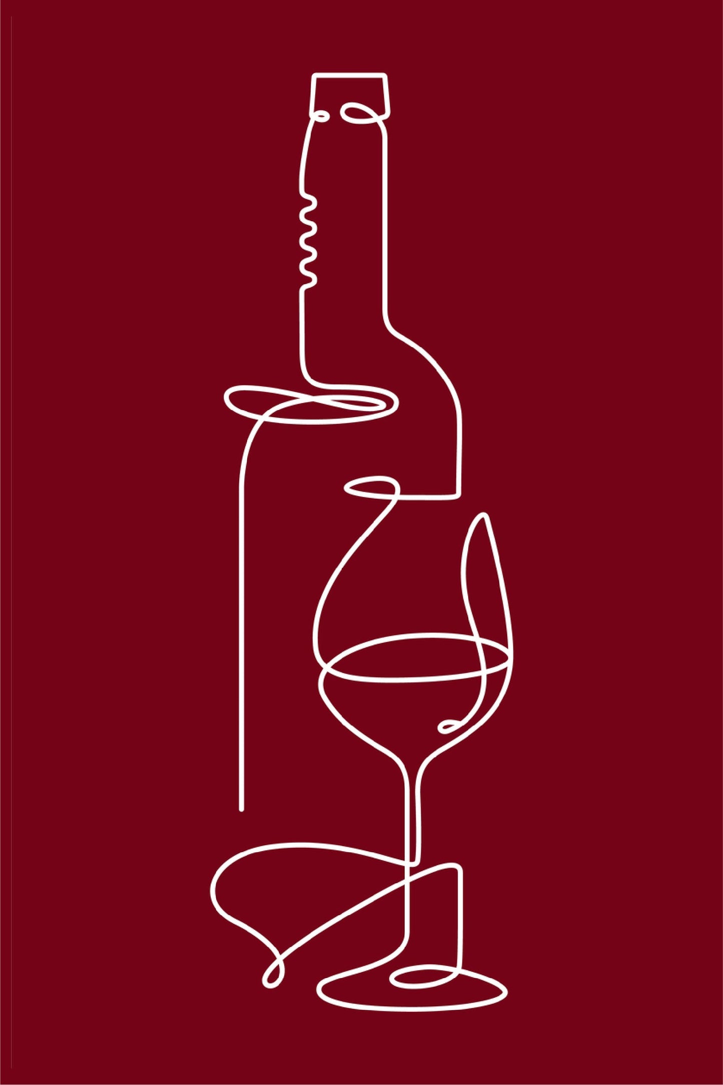 Wine Bottle & Glass Maroon White Line Art Print 100% Australian Made