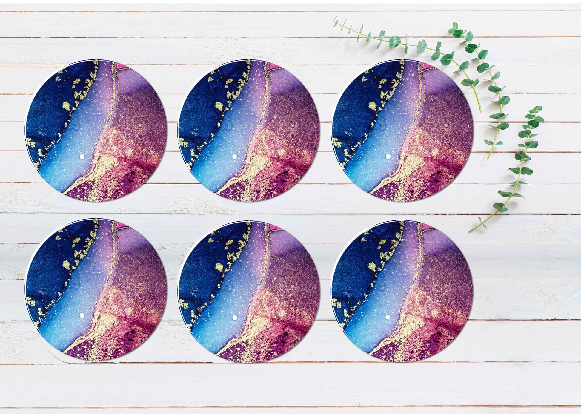 Blue Pink & Gold Splash Abstract Coasters Wood & Rubber - Set of 6 Coasters