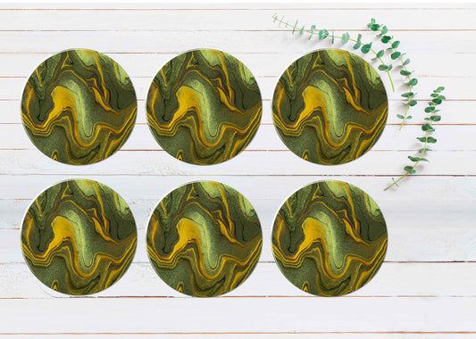 Green Yellow Gold Splash Abstract Coasters Wood & Rubber - Set of 6 Coasters