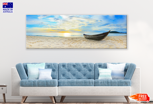 Panoramic Canvas Boat in Sea Shore High Quality 100% Australian made wall Canvas Print ready to hang