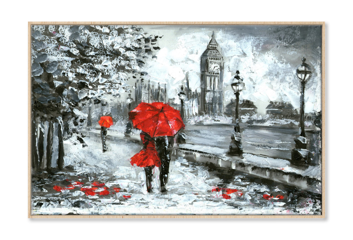 Red Umbrella Couple & Big Ben B&W Oil Painting Wall Art Limited Edition High Quality Print Canvas Box Framed Natural