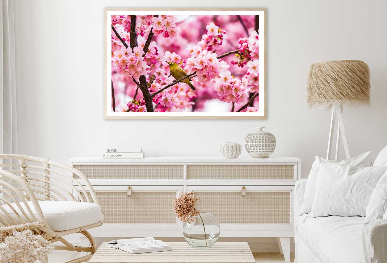 Bird on Pink Blossom Flowers Tree Photograph Home Decor Premium Quality Poster Print Choose Your Sizes