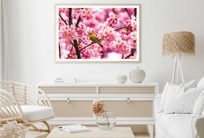 Bird on Pink Blossom Flowers Tree Photograph Home Decor Premium Quality Poster Print Choose Your Sizes