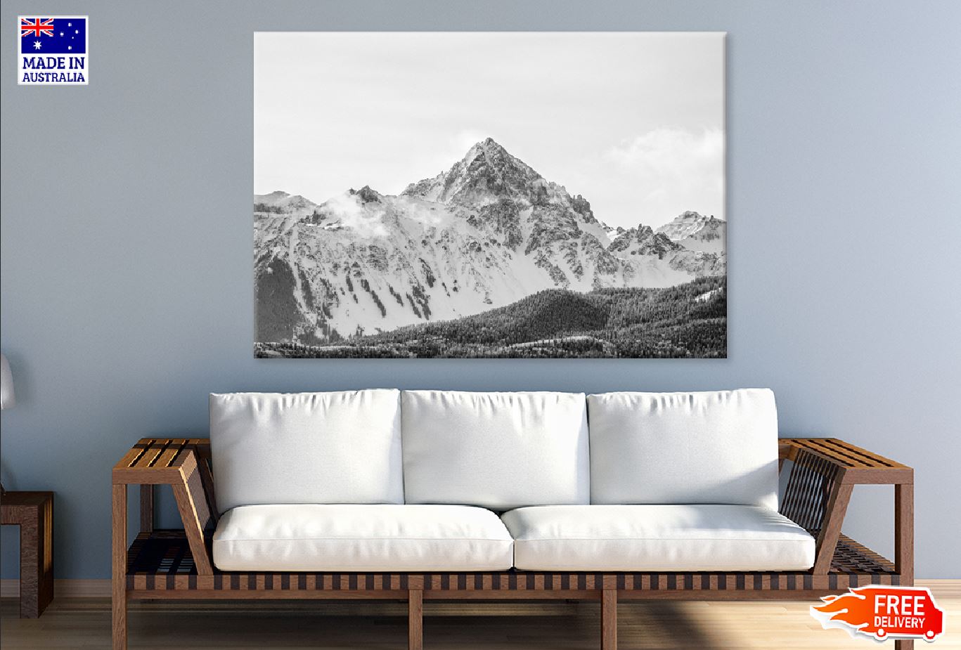 Snow Mountains Cloudy Sky B&W Photograph Print 100% Australian Made