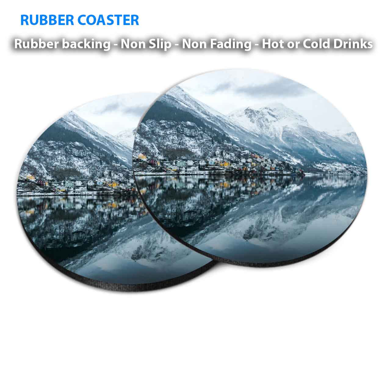 Norway Lake With Snow Coasters Wood & Rubber - Set of 6 Coasters