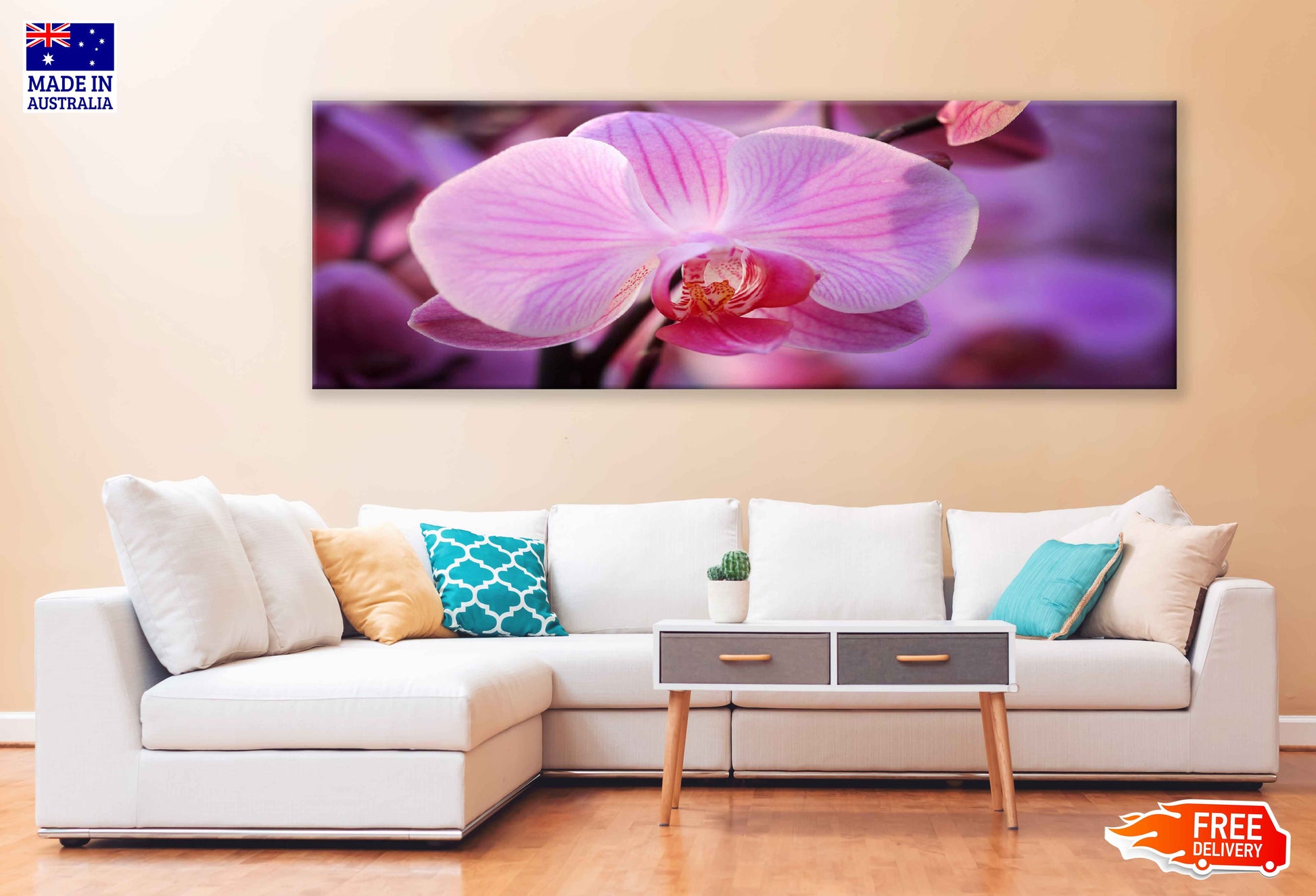 Panoramic Canvas Pink Orchid Flower View Photograph High Quality 100% Australian Made Wall Canvas Print Ready to Hang