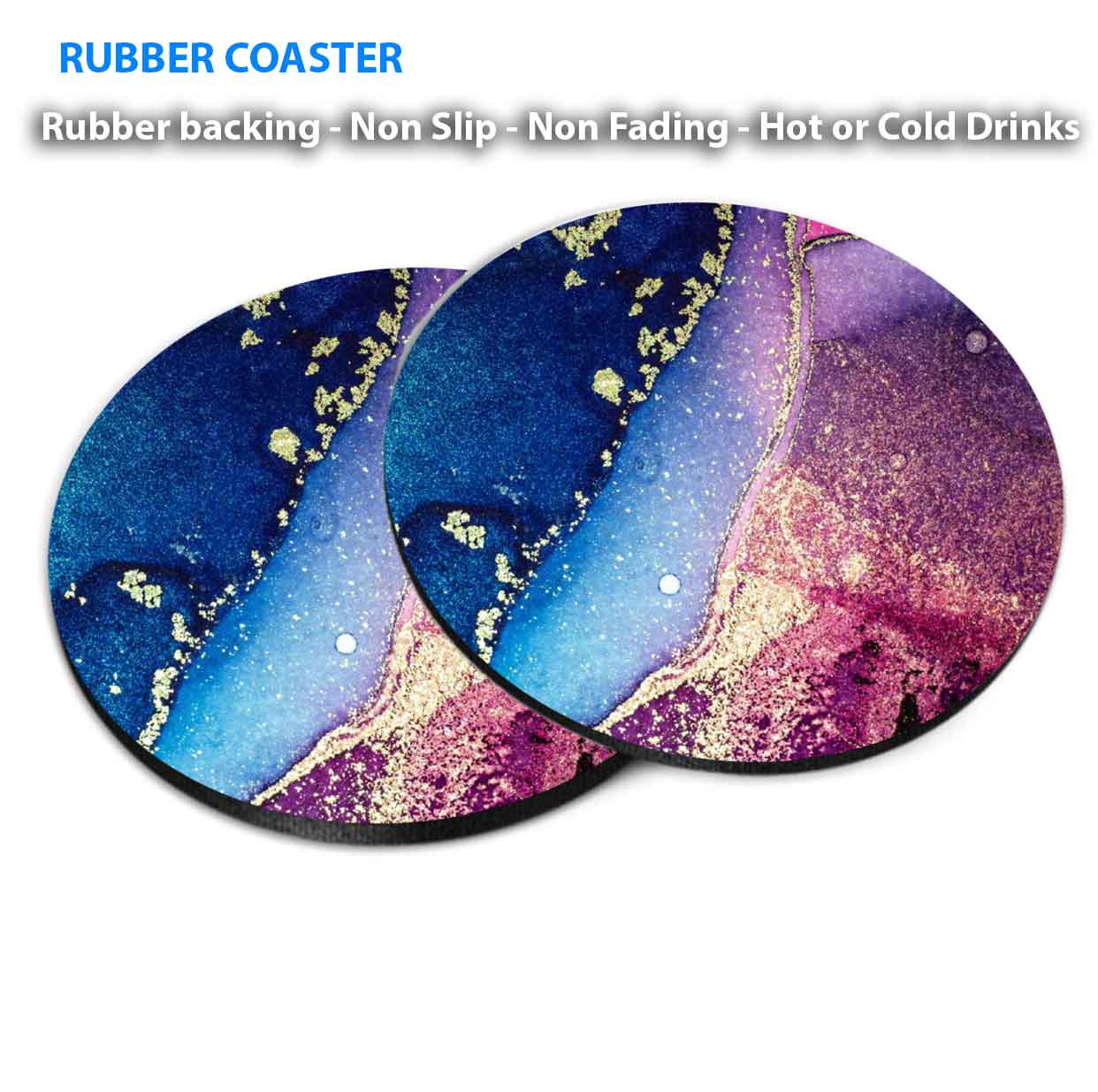 Blue Pink & Gold Splash Abstract Coasters Wood & Rubber - Set of 6 Coasters