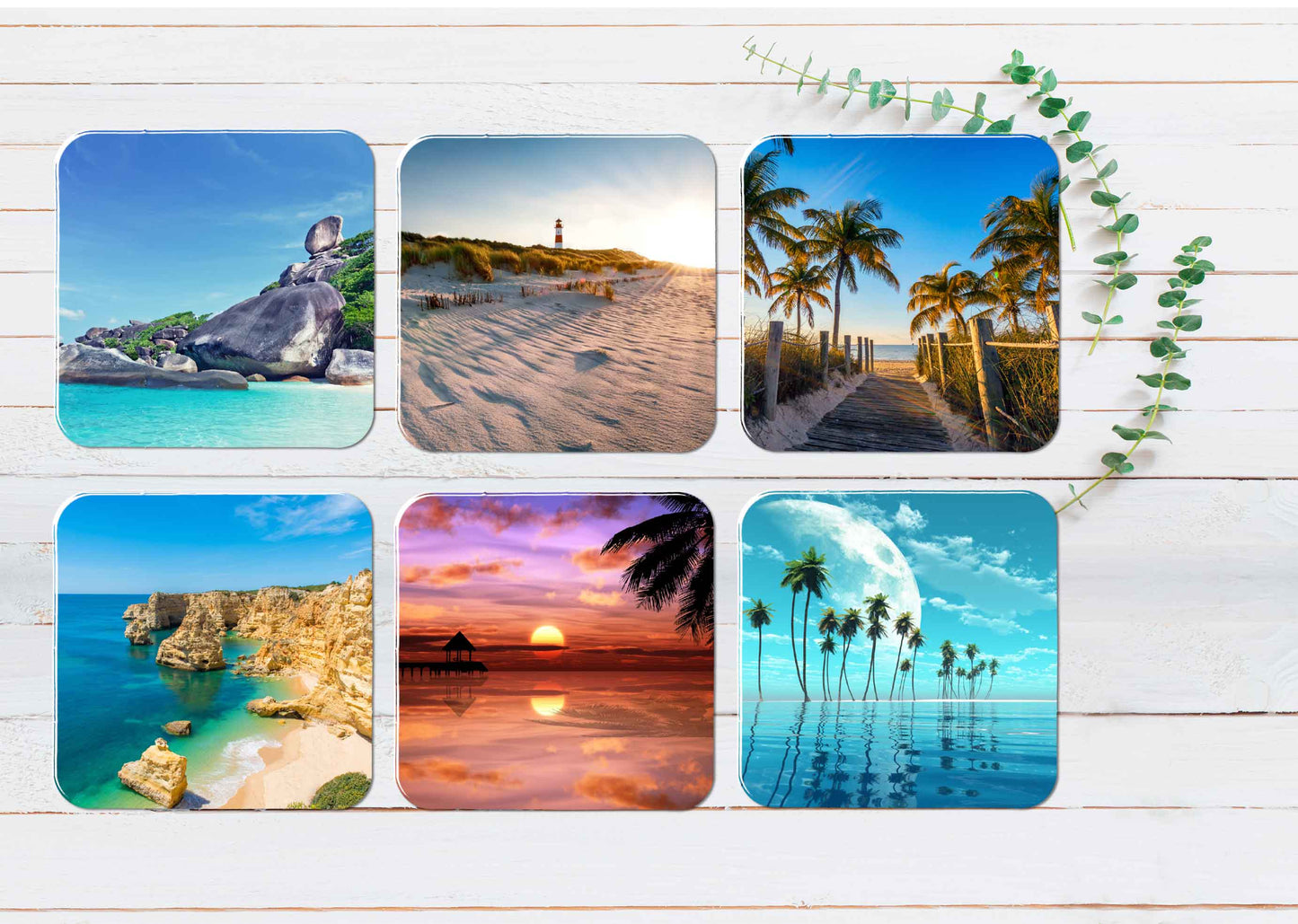 Palm Trees & Sea Pathway Sunset Beach Coasters Wood & Rubber - Set of 6 Coasters