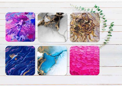 Pink Purple Blue Gold Ink Abstract Coasters Wood & Rubber - Set of 6 Coasters