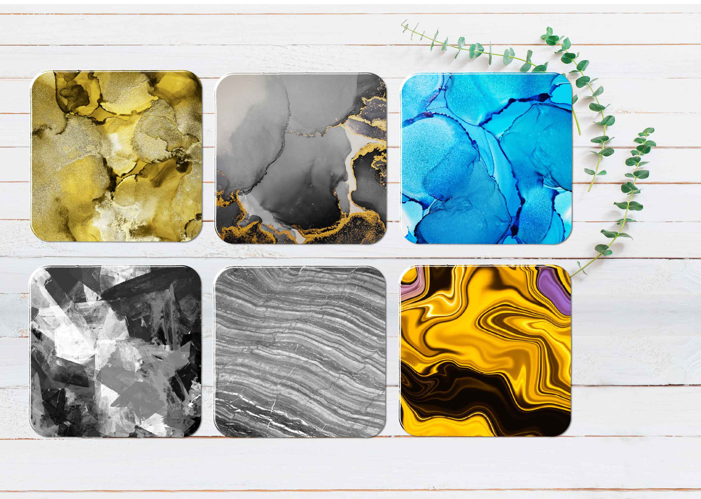Gold Black Blue Grey Yellow Abstract Coasters Wood & Rubber - Set of 6 Coasters