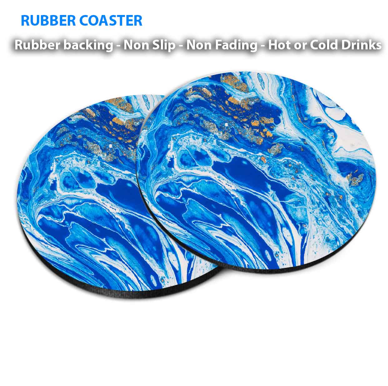 Blue Gold Yellow Abstract Design Coasters Wood & Rubber - Set of 6 Coasters