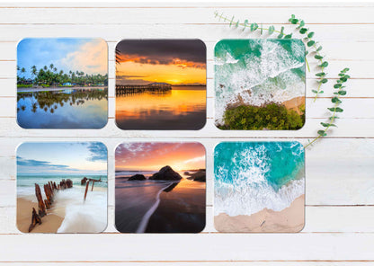 Sunset Beach Wooden Bridge Seawaves Coasters Wood & Rubber - Set of 6 Coasters