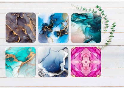 Gold Pink Blue Gree Ink Abstract Coasters Wood & Rubber - Set of 6 Coasters