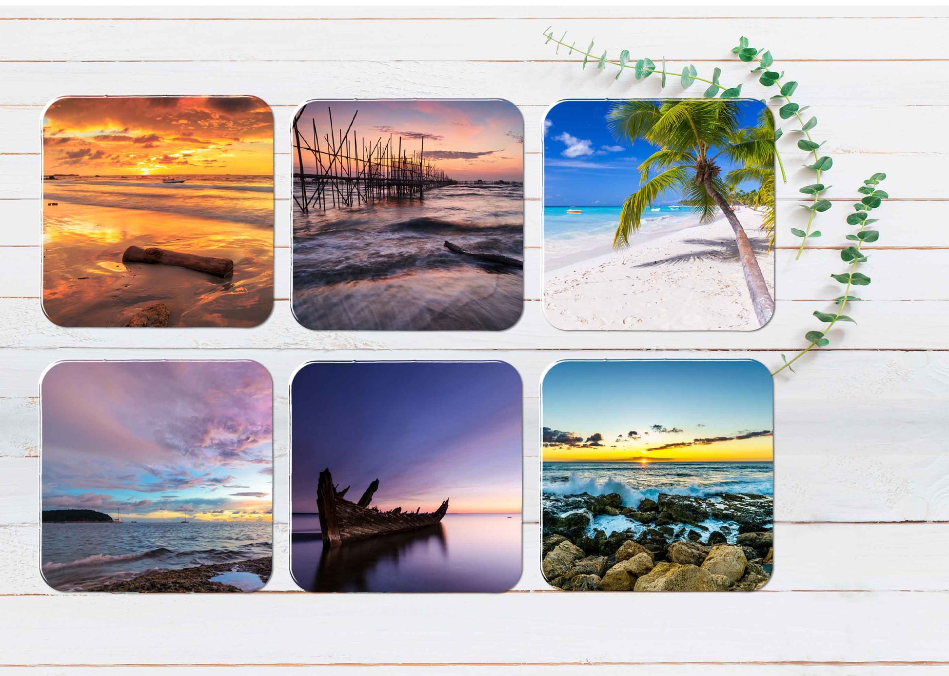 Palm Tree Sunset Cloudy Sky Seashore Coasters Wood & Rubber - Set of 6 Coasters