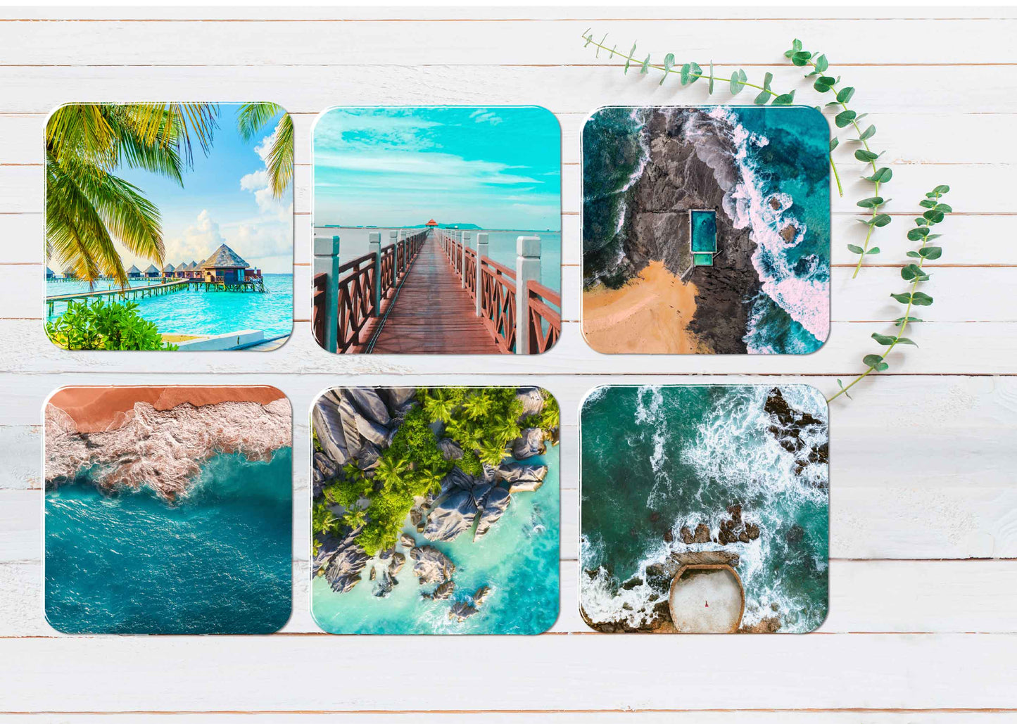 Wooden Bridge Rocky Seashore Blue Sky Coasters Wood & Rubber - Set of 6 Coasters