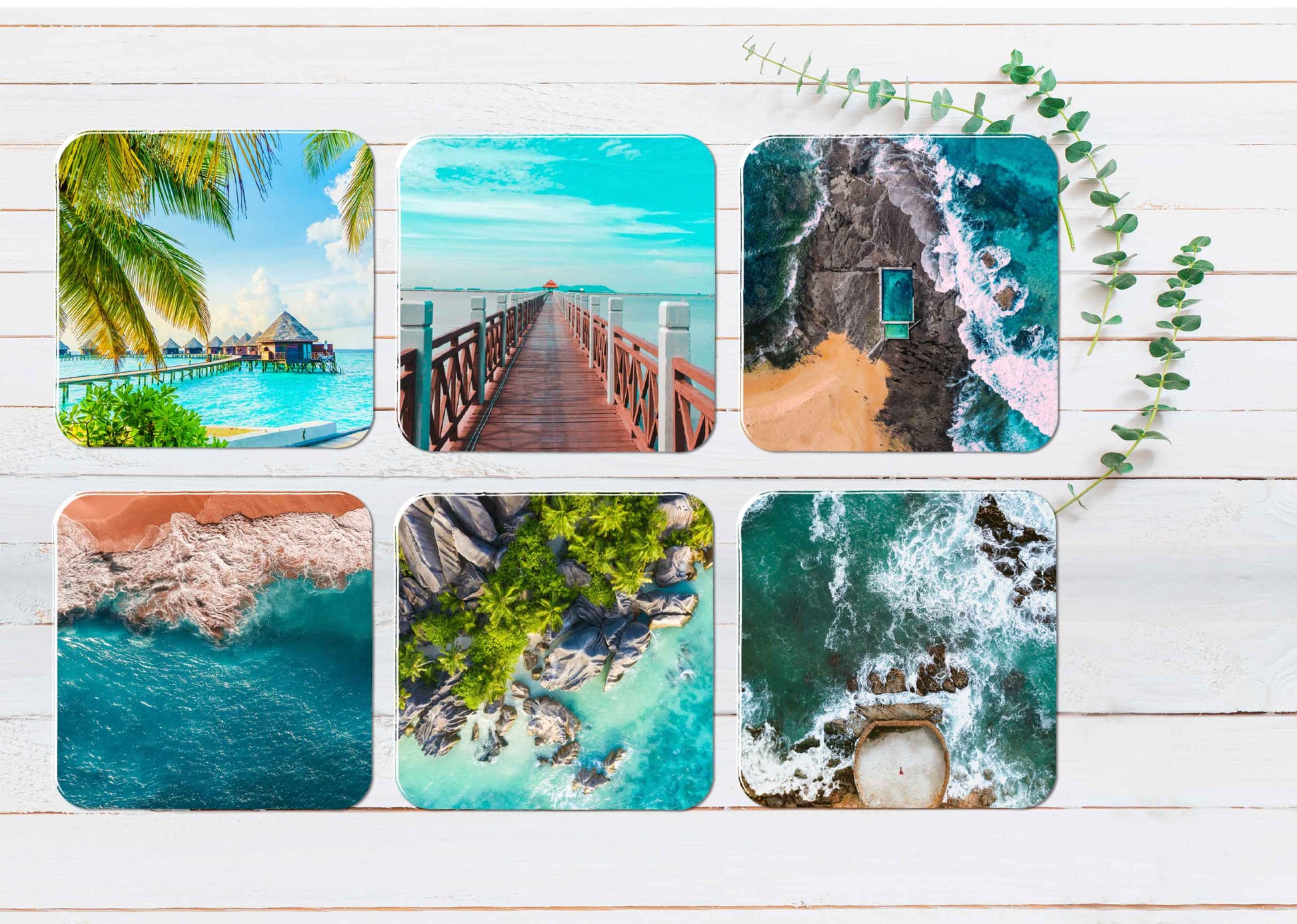 Wooden Bridge Rocky Seashore Blue Sky Coasters Wood & Rubber - Set of 6 Coasters