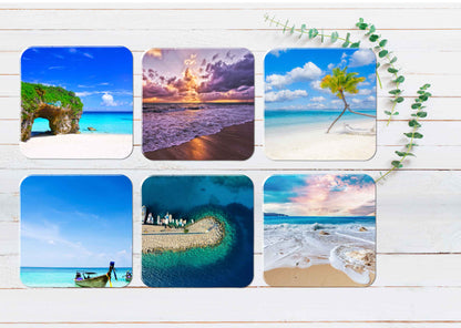 Boats Sea Island Sunset Sky Seawaves Coasters Wood & Rubber - Set of 6 Coasters