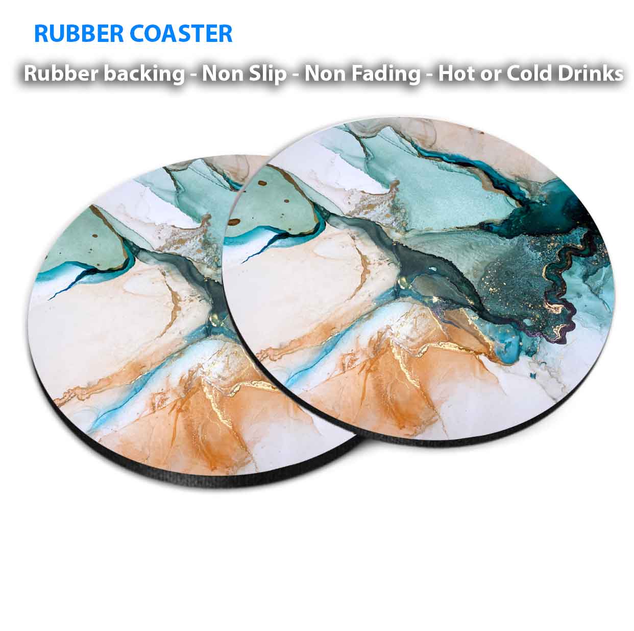 Green Blue Grey Gold Abstract Coasters Wood & Rubber - Set of 6 Coasters