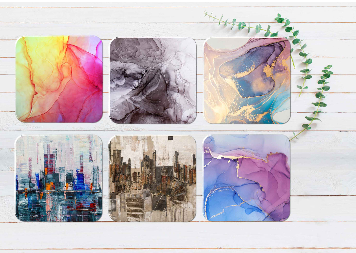 Brown Blue Pink Watercolor Abstract Coasters Wood & Rubber - Set of 6 Coasters