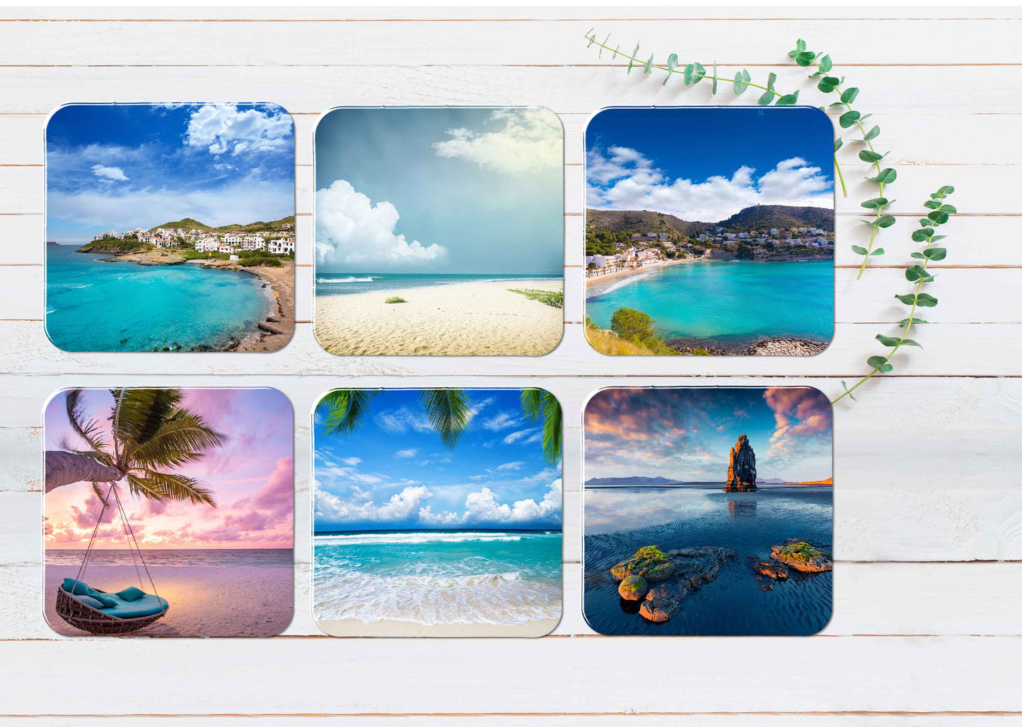 Cloudy Blue Sky Stunning Beach View Coasters Wood & Rubber - Set of 6 Coasters