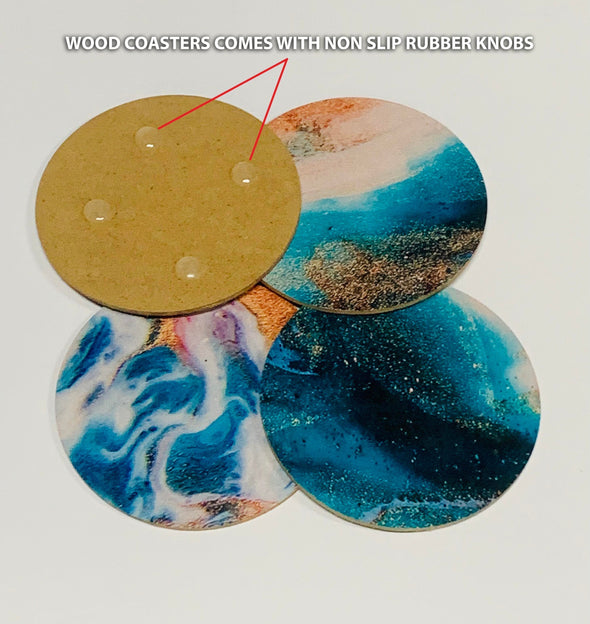 Purple Blue Gold Splash Marble Design Coasters Wood & Rubber - Set of 6 Coasters