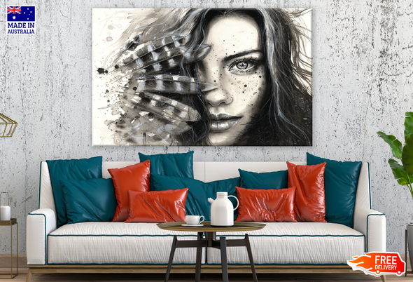 Girl Face Portrait with Feathers Black & White Print 100% Australian Made