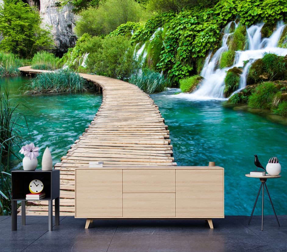 Wallpaper Murals Peel and Stick Removable Wooden Pier Near Waterfall High Quality