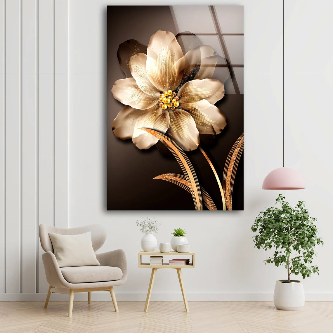 Gold Flower 3D Design Acrylic Glass Print Tempered Glass Wall Art 100% Made in Australia Ready to Hang