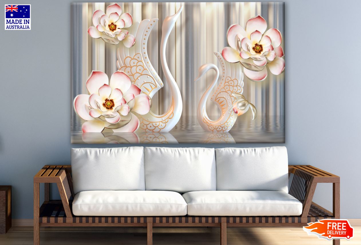 Swans & Flowers Pink & Gold 3D Design Print 100% Australian Made