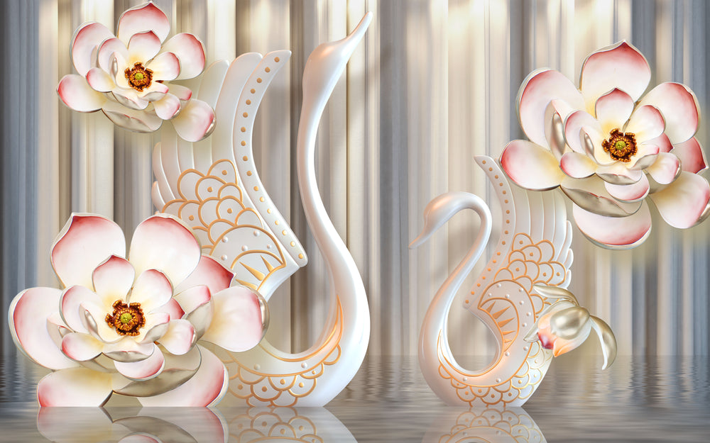 Wallpaper Murals Peel and Stick Removable Swans & Floral Design High Quality