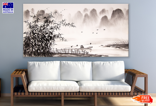 Landscape Drawing with Bamboo Trees and River Painting Print 100% Australian Made