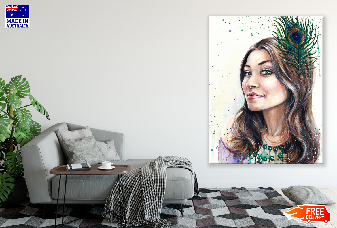 Girl Portrait with a Feather Headdress Painting Print 100% Australian Made