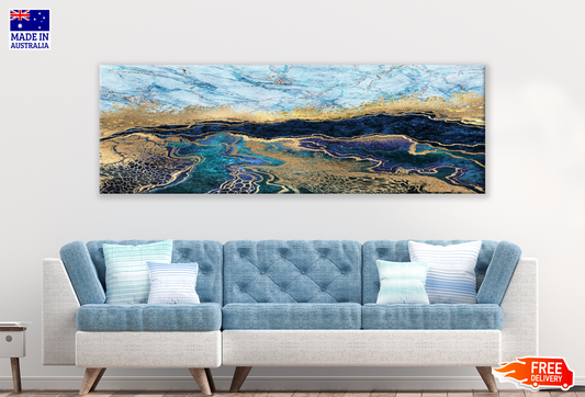 Panoramic Canvas Blue Gold Abstract Design High Quality 100% Australian made wall Canvas Print ready to hang