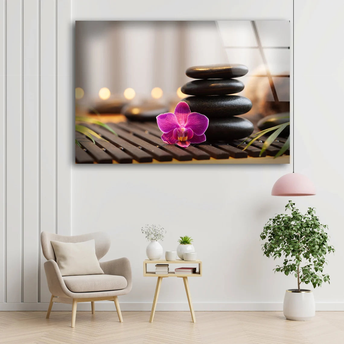 Zen Stones & Pink Flower Photograph Acrylic Glass Print Tempered Glass Wall Art 100% Made in Australia Ready to Hang