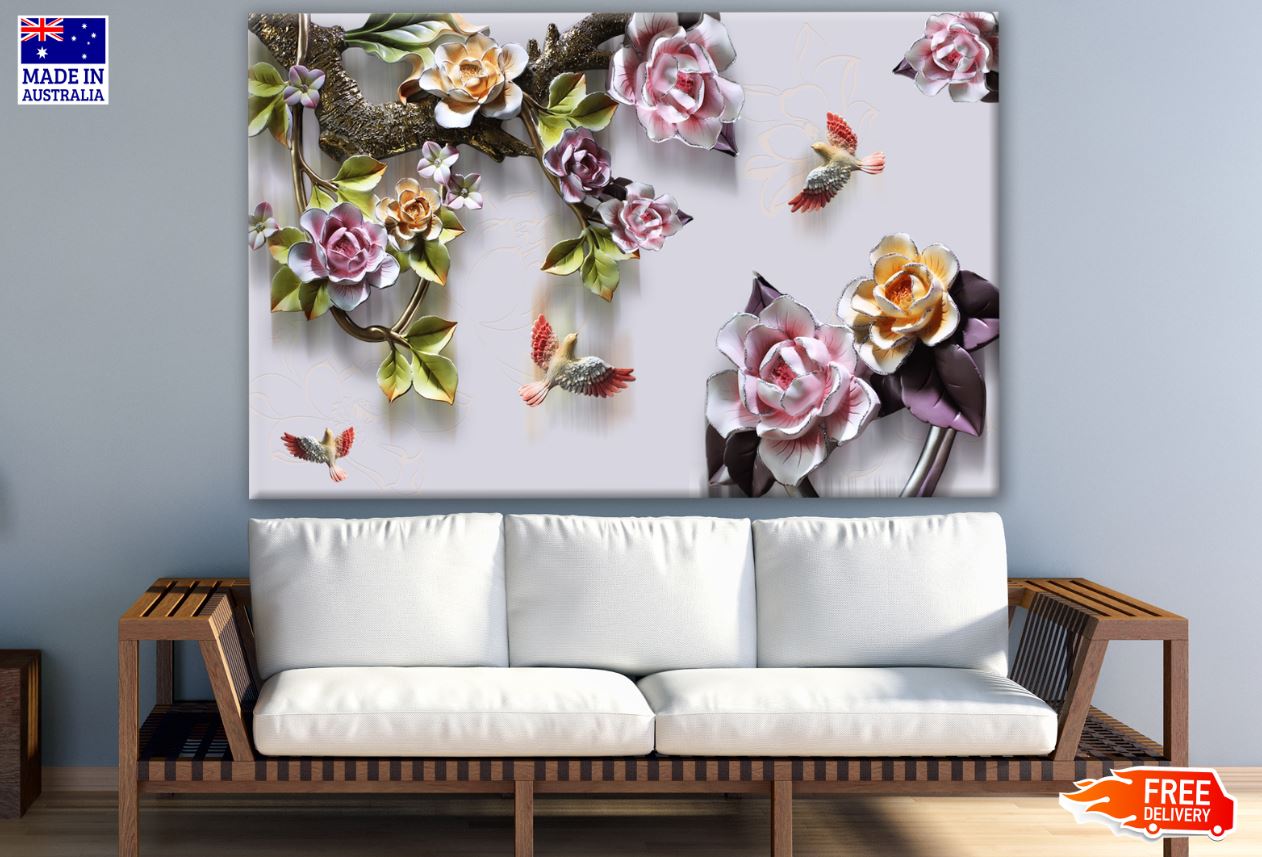 Birds & Flowers Ceramic 3D Design Photograph Print 100% Australian Made