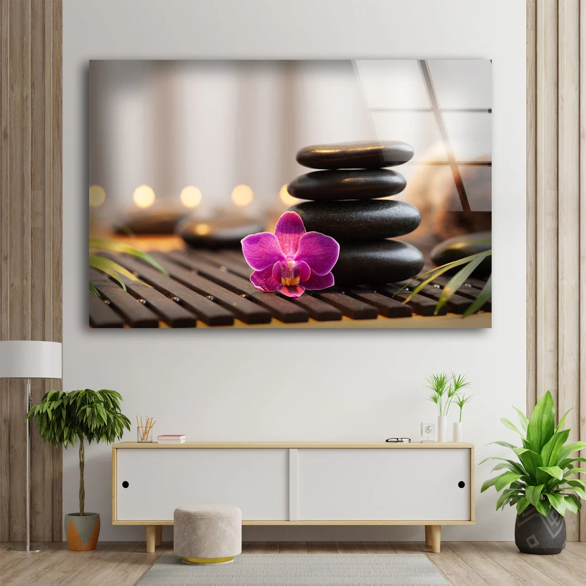 Zen Stones & Pink Flower Photograph Acrylic Glass Print Tempered Glass Wall Art 100% Made in Australia Ready to Hang