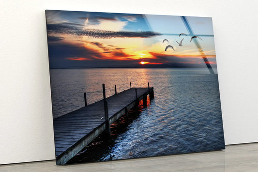 Wooden Pier Over Lake Sunset Scenery Photograph Acrylic Glass Print Tempered Glass Wall Art 100% Made in Australia Ready to Hang