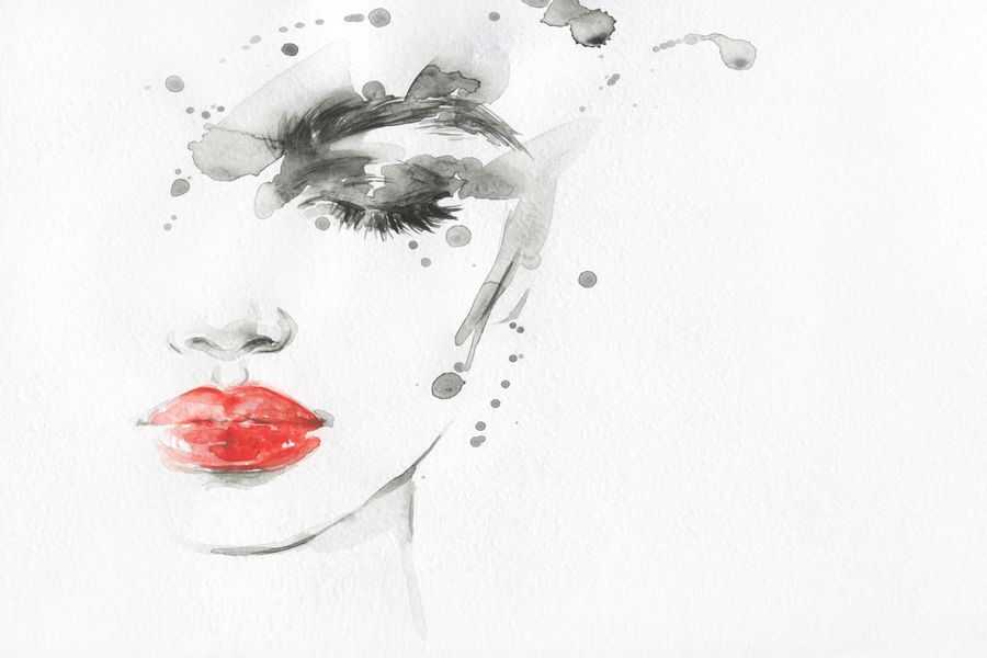 Beautiful Woman Face B&W Red Lips Watercolor Painting Print 100% Australian Made