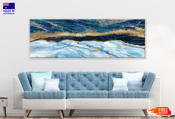 Panoramic Canvas Blue Gold Dark Blue Abstract Design High Quality 100% Australian made wall Canvas Print ready to hang