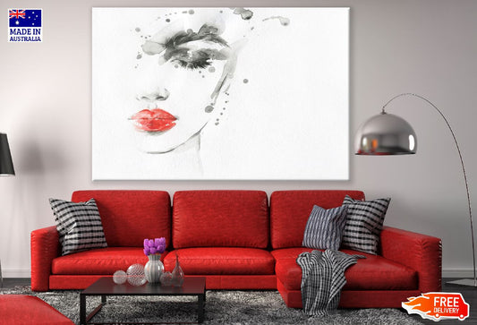 Beautiful Woman Face B&W Red Lips Watercolor Painting Print 100% Australian Made