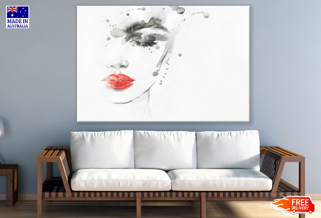 Beautiful Woman Face B&W Red Lips Watercolor Painting Print 100% Australian Made