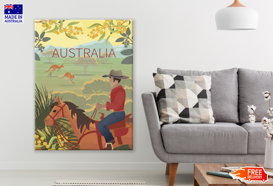 Horse & Rider Looking at Kangaroos Vector Cartoon Art Print 100% Australian Made