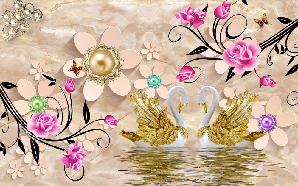 Gold Swans & Floral 3D Design Print 100% Australian Made