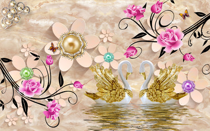 Gold Swans & Floral 3D Design Print 100% Australian Made
