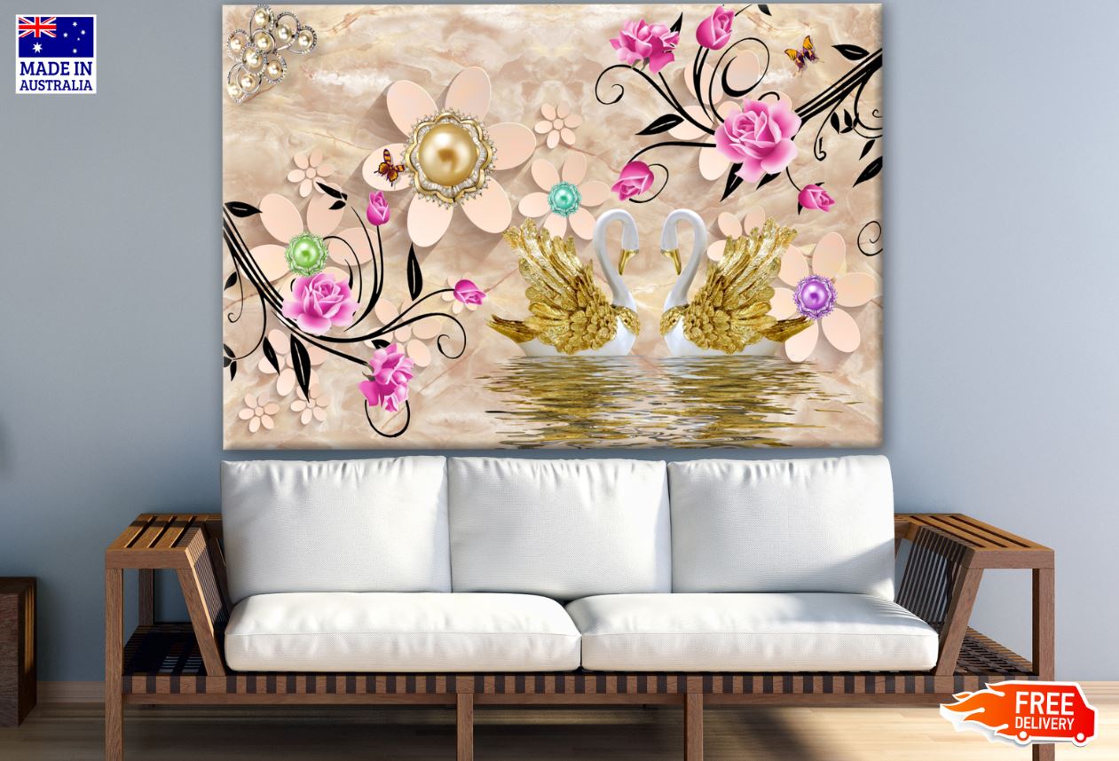 Gold Swans & Floral 3D Design Print 100% Australian Made