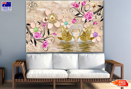Gold Swans & Floral 3D Design Print 100% Australian Made